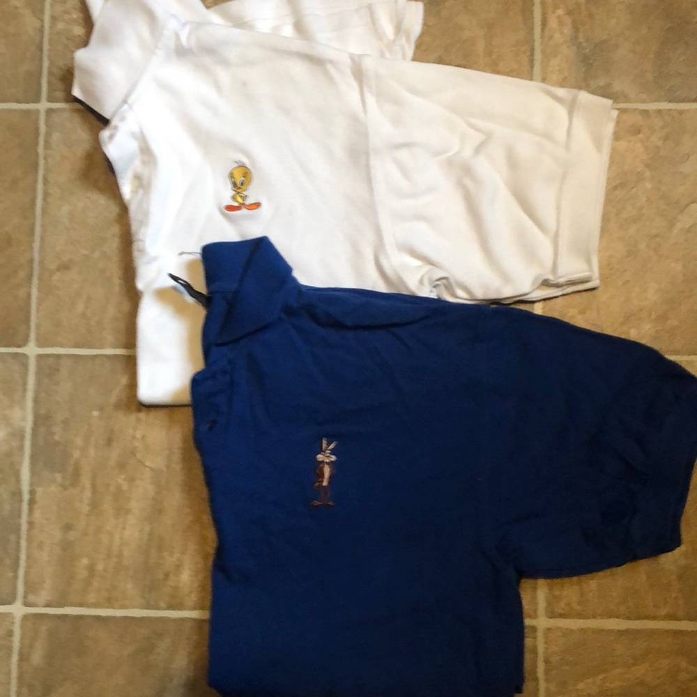 Two men’s Warner Bro’s Polo shirts